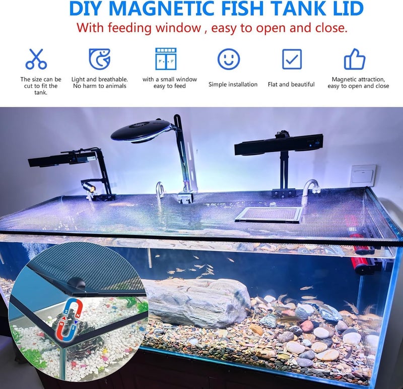 RODENET Magnetic Fish Tank Cover Net Aquarium Lid Mesh Top Hood Cut to Any Size Ventilation Transparency Anti-Jumping Aquarium Cover with Feeding Window(39"X19") - Image 2